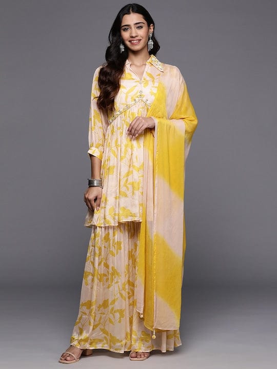 Varanga Women Cream And Yellow Floral Printed Beads Anarkali Kurta With Sharara And Dupatta