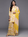 Varanga Women Cream And Yellow Floral Printed Beads Anarkali Kurta With Sharara And Dupatta