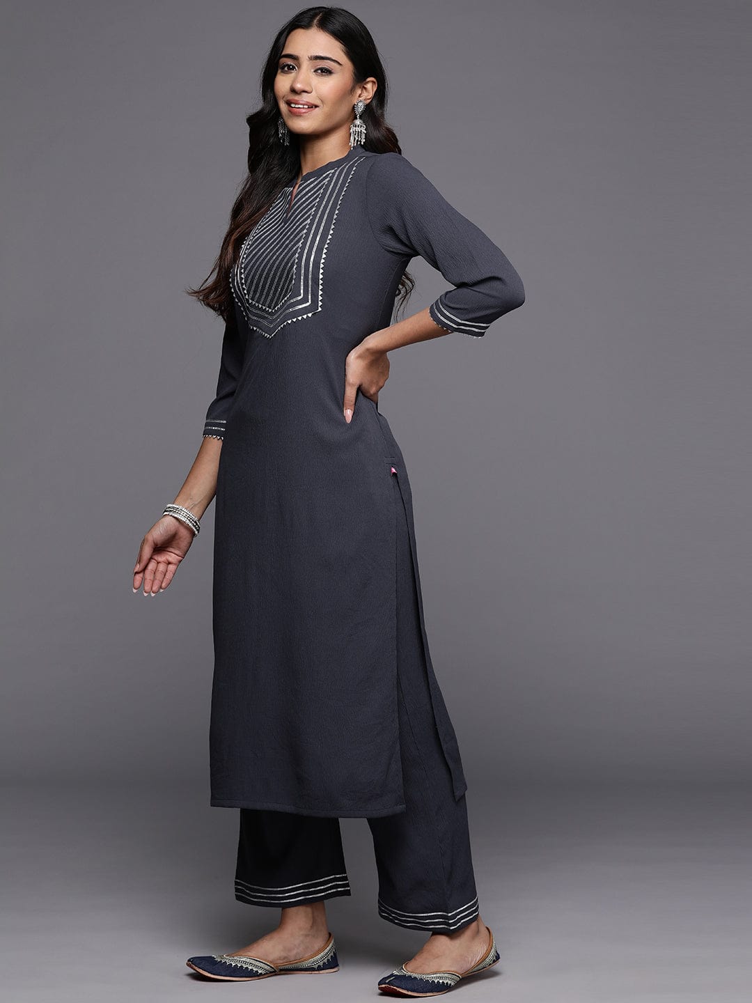 Varanga Women Grey Gota Embroideted Straight Kurta With Bottom And Dupatta