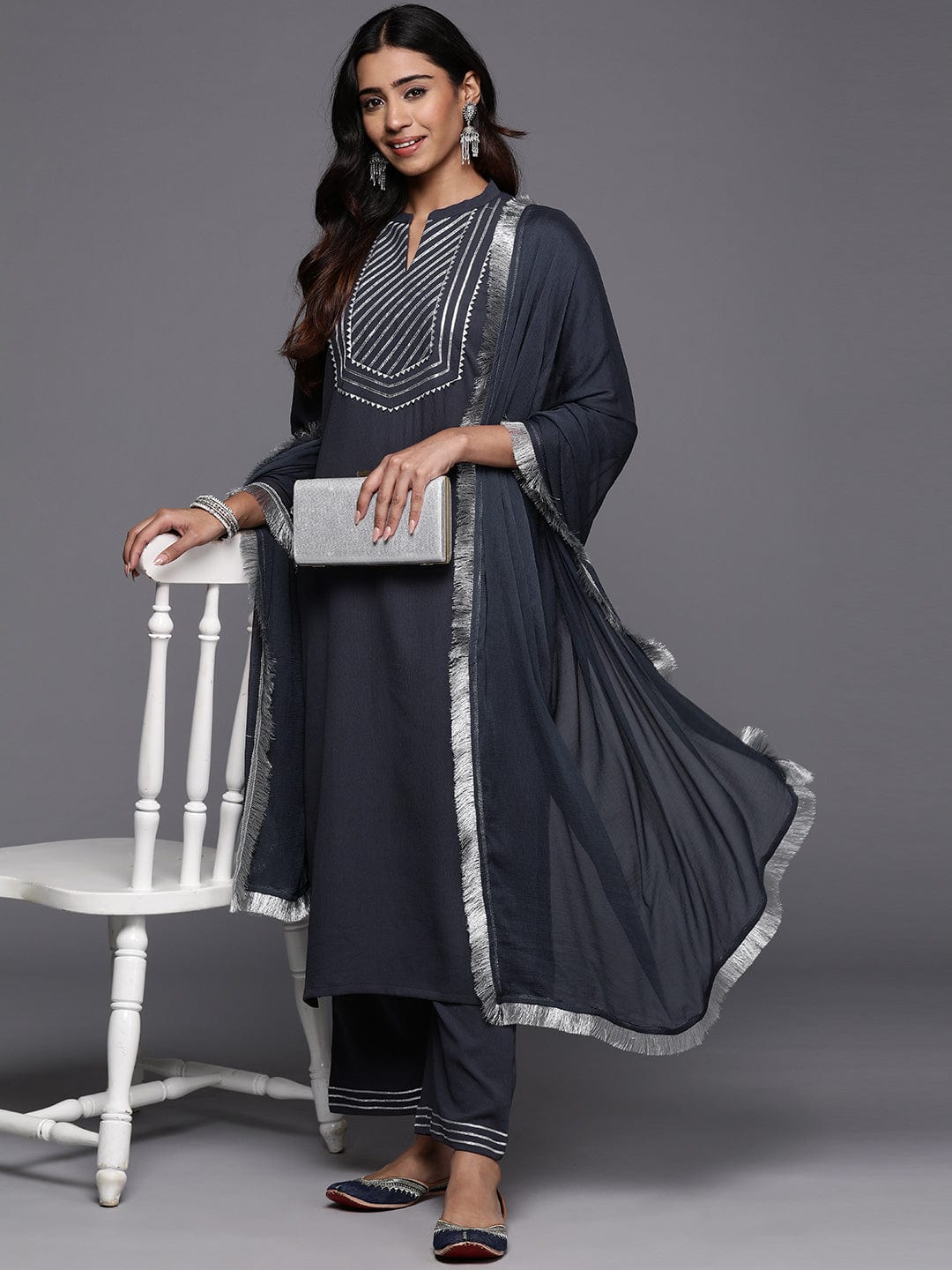 Varanga Women Grey Gota Embroideted Straight Kurta With Bottom And Dupatta