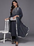 Varanga Women Grey Gota Embroideted Straight Kurta With Bottom And Dupatta