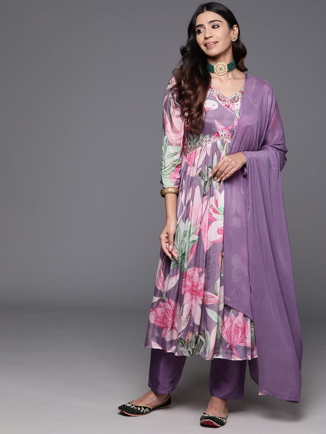 Varanga Women Mauve Floral Printed Pure Silk Chinon Embroidered V-Neck Aliya Cut Kurta Paired With Tonal Bottom And Dupatta