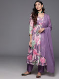 Varanga Women Mauve Floral Printed Pure Silk Chinon Embroidered V-Neck Aliya Cut Kurta Paired With Tonal Bottom And Dupatta