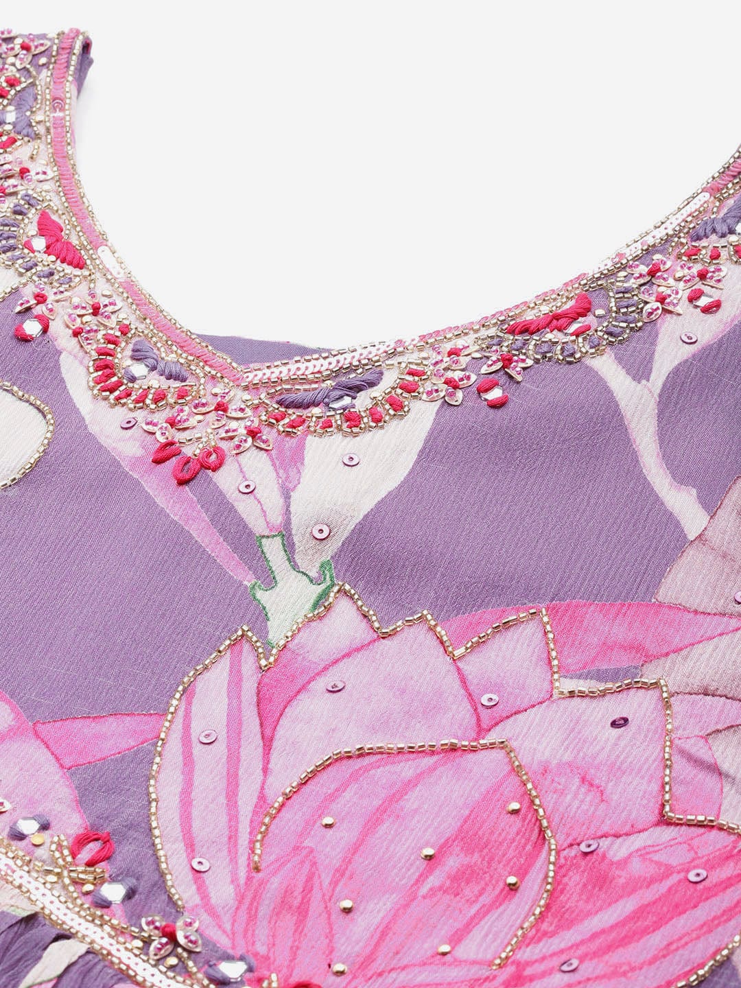 Varanga Women Mauve Floral Printed Pure Silk Chinon Embroidered V-Neck Aliya Cut Kurta Paired With Tonal Bottom And Dupatta