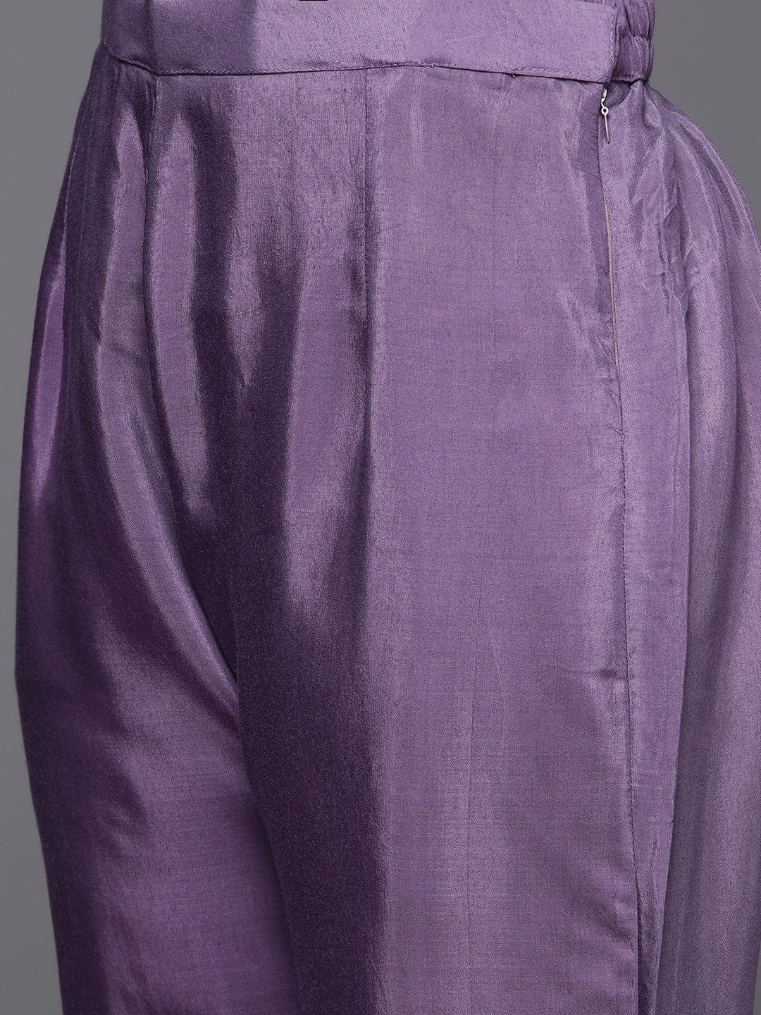 Varanga Women Mauve Floral Printed Pure Silk Chinon Embroidered V-Neck Aliya Cut Kurta Paired With Tonal Bottom And Dupatta