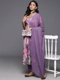 Varanga Women Mauve Floral Printed Pure Silk Chinon Embroidered V-Neck Aliya Cut Kurta Paired With Tonal Bottom And Dupatta