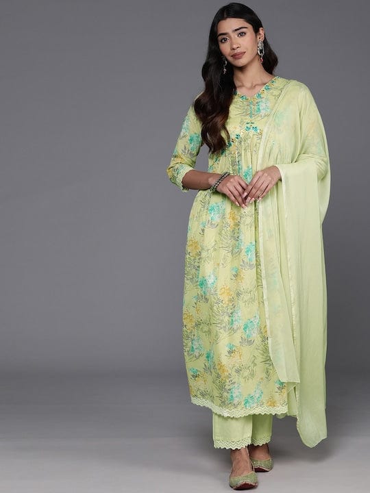 Varanga Women Green Floral Printed Mirron Work Alia Cut A-Line Kurta With Side Slits With Tonal Bottom And Dupatta
