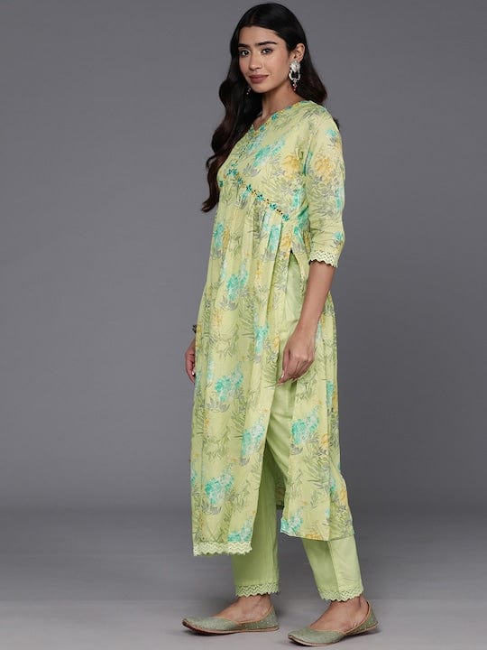 Varanga Women Green Floral Printed Mirron Work Alia Cut A-Line Kurta With Side Slits With Tonal Bottom And Dupatta