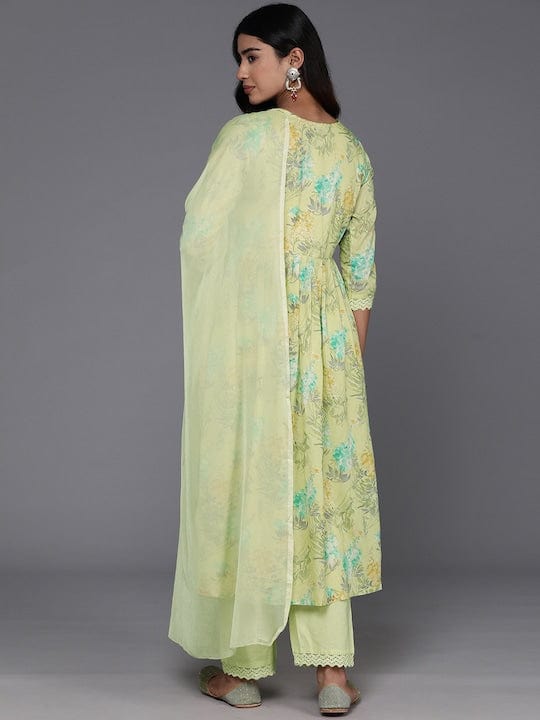 Varanga Women Green Floral Printed Mirron Work Alia Cut A-Line Kurta With Side Slits With Tonal Bottom And Dupatta