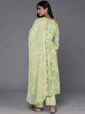 Varanga Women Green Floral Printed Mirron Work Alia Cut A-Line Kurta With Side Slits With Tonal Bottom And Dupatta