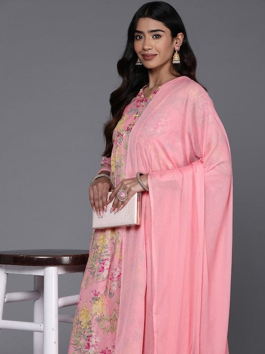 Varanga Women Pink Floral Printed Alia Cut A-Line Kurta With Tonal Bottom And Dupatta