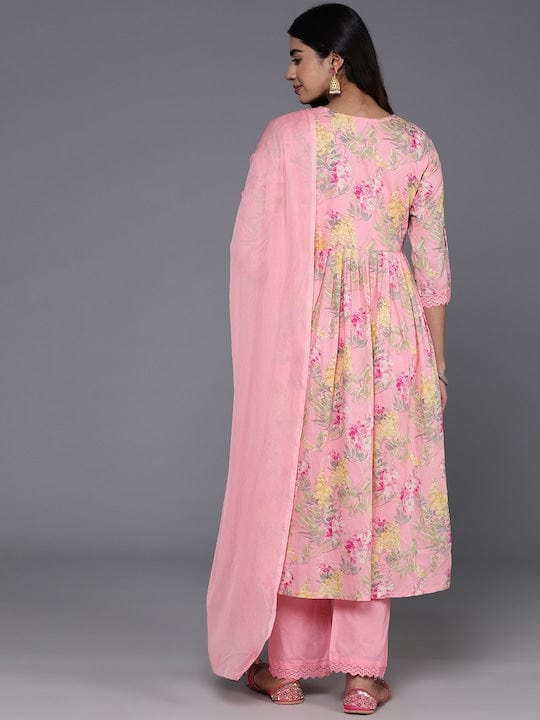 Varanga Women Pink Floral Printed Alia Cut A-Line Kurta With Tonal Bottom And Dupatta