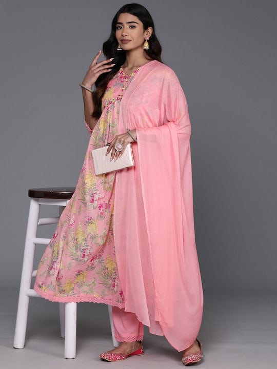 Varanga Women Pink Floral Printed Alia Cut A-Line Kurta With Tonal Bottom And Dupatta