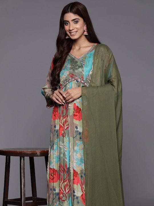 Varanga Women Green Floral Printed Pure Silk Chinon Embroidered V-Neck Aliya Cut Kurta Paired With Tonal Bottom And Dupatta