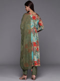 Varanga Women Green Floral Printed Pure Silk Chinon Embroidered V-Neck Aliya Cut Kurta Paired With Tonal Bottom And Dupatta