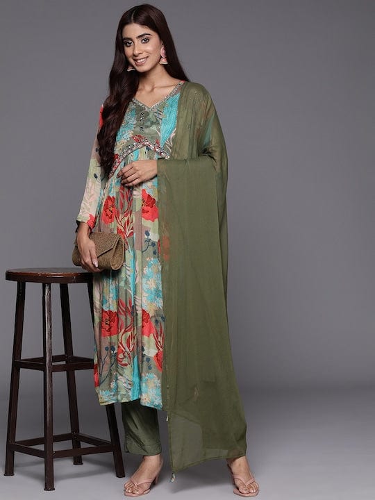 Varanga Women Green Floral Printed Pure Silk Chinon Embroidered V-Neck Aliya Cut Kurta Paired With Tonal Bottom And Dupatta
