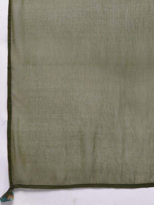 Varanga Women Green Floral Printed Pure Silk Chinon Embroidered V-Neck Aliya Cut Kurta Paired With Tonal Bottom And Dupatta