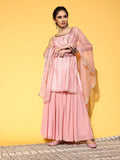 Varanga Women Peach-Coloured Striped Kurta with Sharara & Dupatta