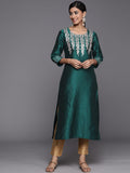 Varanga Women Green & Golden Floral Yoke Design Gotta Patti Jacquard Kurta