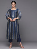 Varanga Women Navy Blue Printed Chanderi Silk Kurta With Trousers