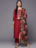 Varanga Women Maroon Beige Floral Embroidered Thread Work Kurta With Trousers Dupatta