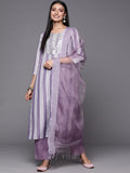 Varanga Women Lavender & White Embroidered Kurta with Trousers & Dupatta