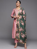 Varanga Women Pink Ethnic Motifs Embroidered Dupion Silk Kurta with Palazzos & With Dupatta