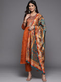 Varanga Women Rust Yoke Design Kurta with Trousers With Dupatta