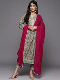 Varanga Women Green Pure Cotton Floral Printed Gotta Patti Kurta with Trousers & Dupatta