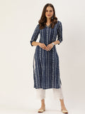 Varanga Women Blue And White Striped Straight Kurta With V Shape Neckline And 3/4Th Sleeves