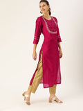 Women Magenta & White Embellished Straight Kurta