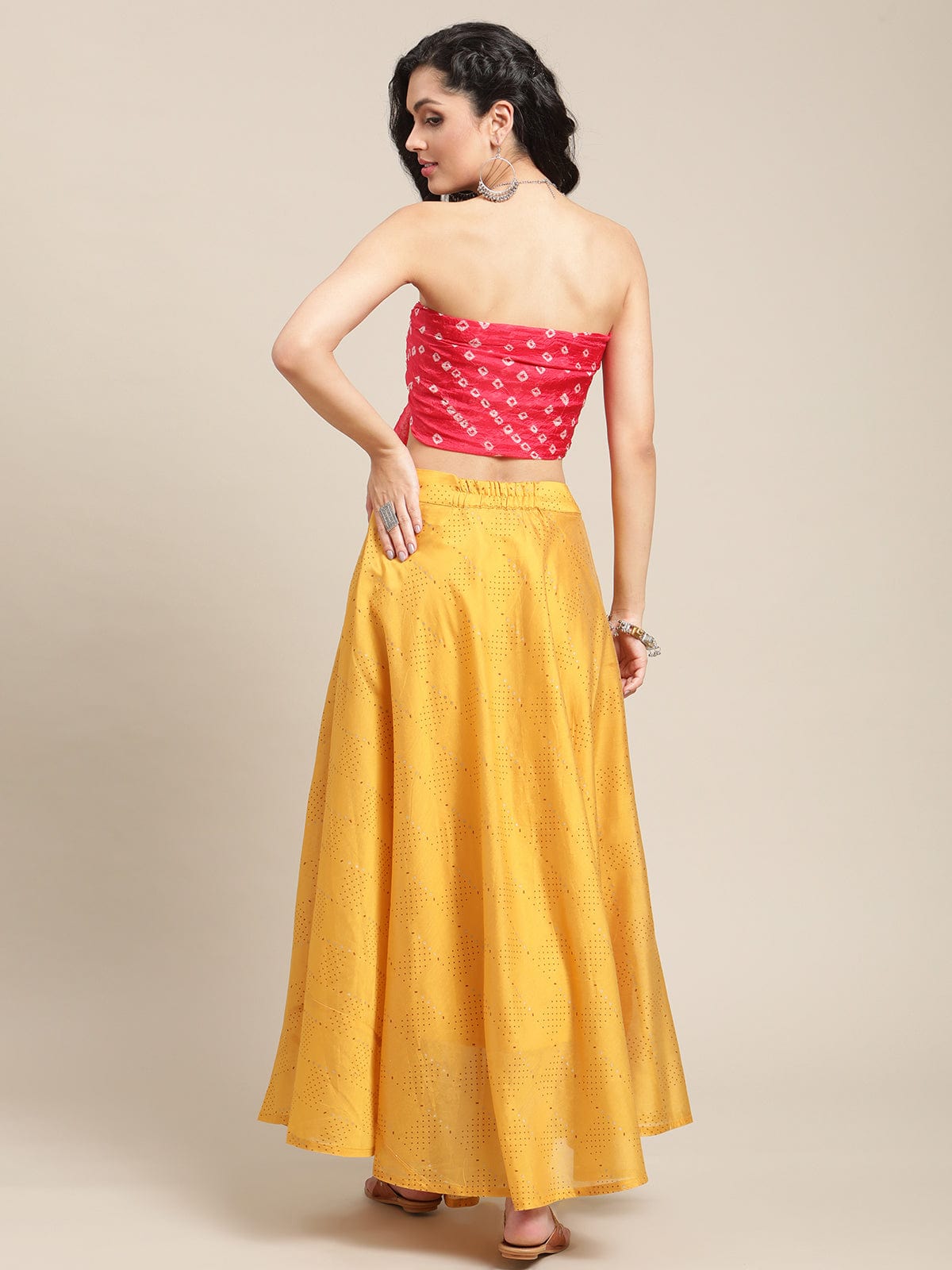 Varanga Women Mustard Yellow Printed Pure Silk Flared Maxi-Skirt