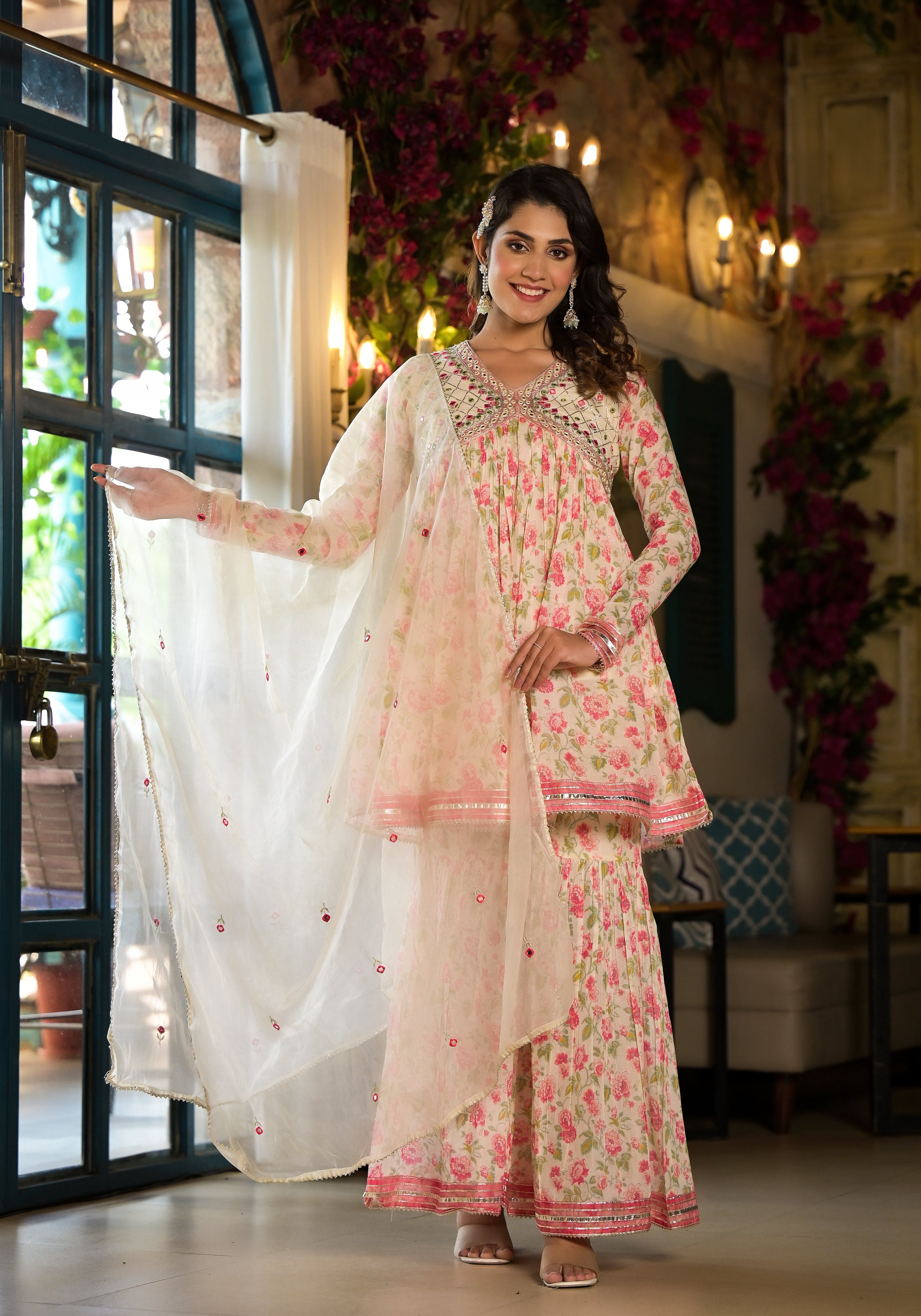 Varanga Off White Floral Print Mirror Embroidered Lace Detailed Alia Kurta With Sharara And Dupatta
