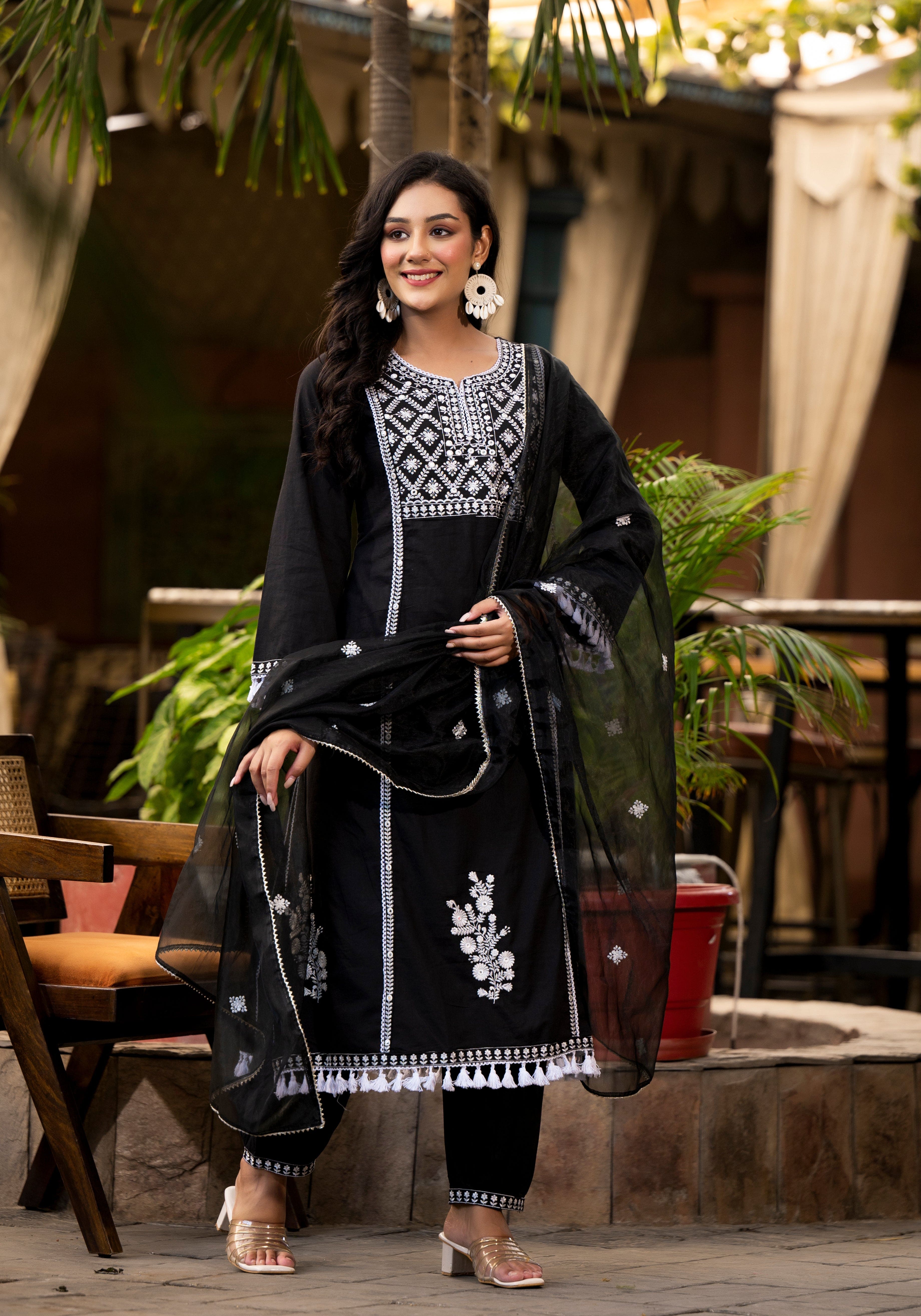 Varanga Ethnic Motif Thread Embroidered A-Line KurtaTassel Detailing With Afghani Bottom & Dupatta