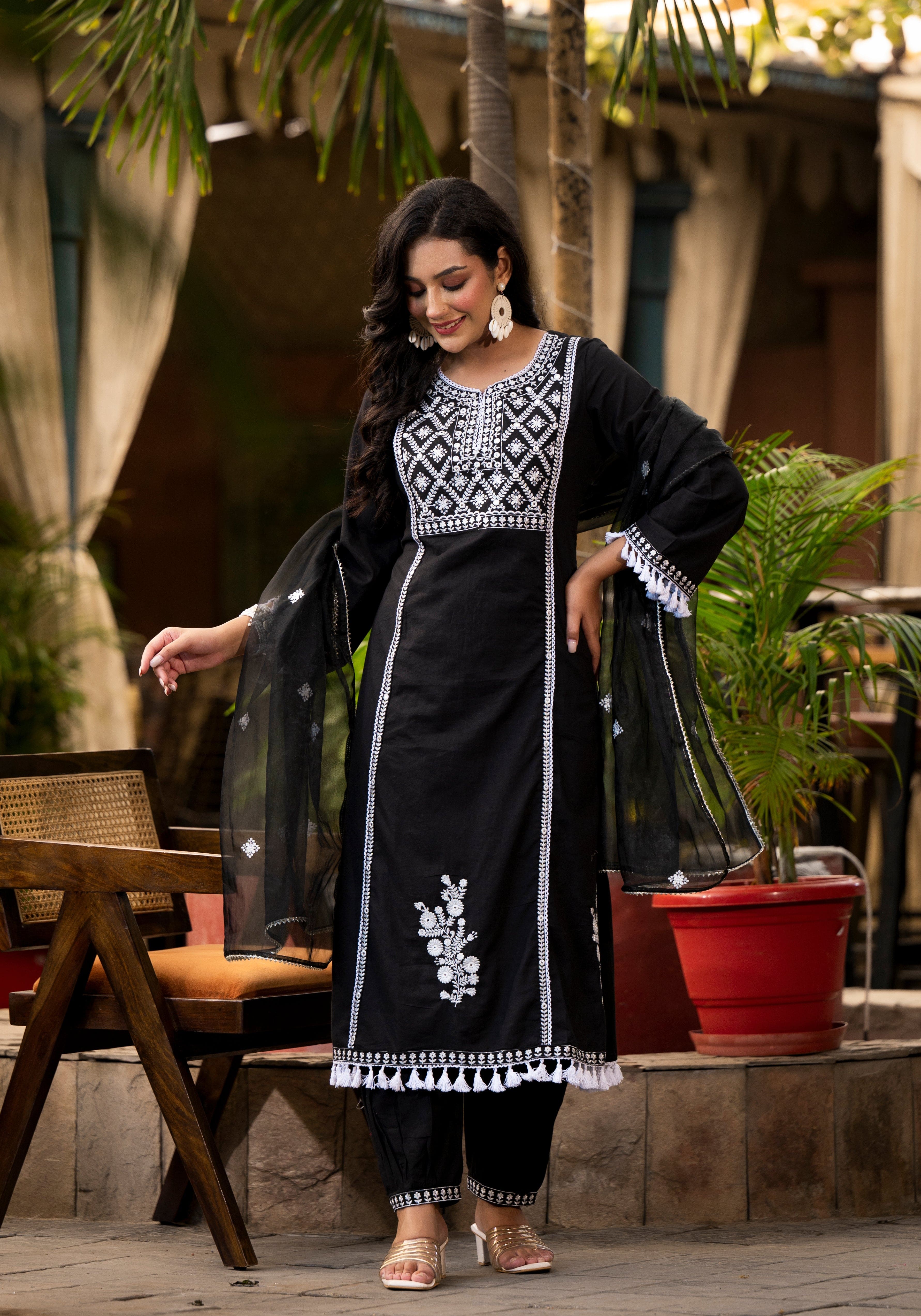 Varanga Ethnic Motif Thread Embroidered A-Line KurtaTassel Detailing With Afghani Bottom & Dupatta