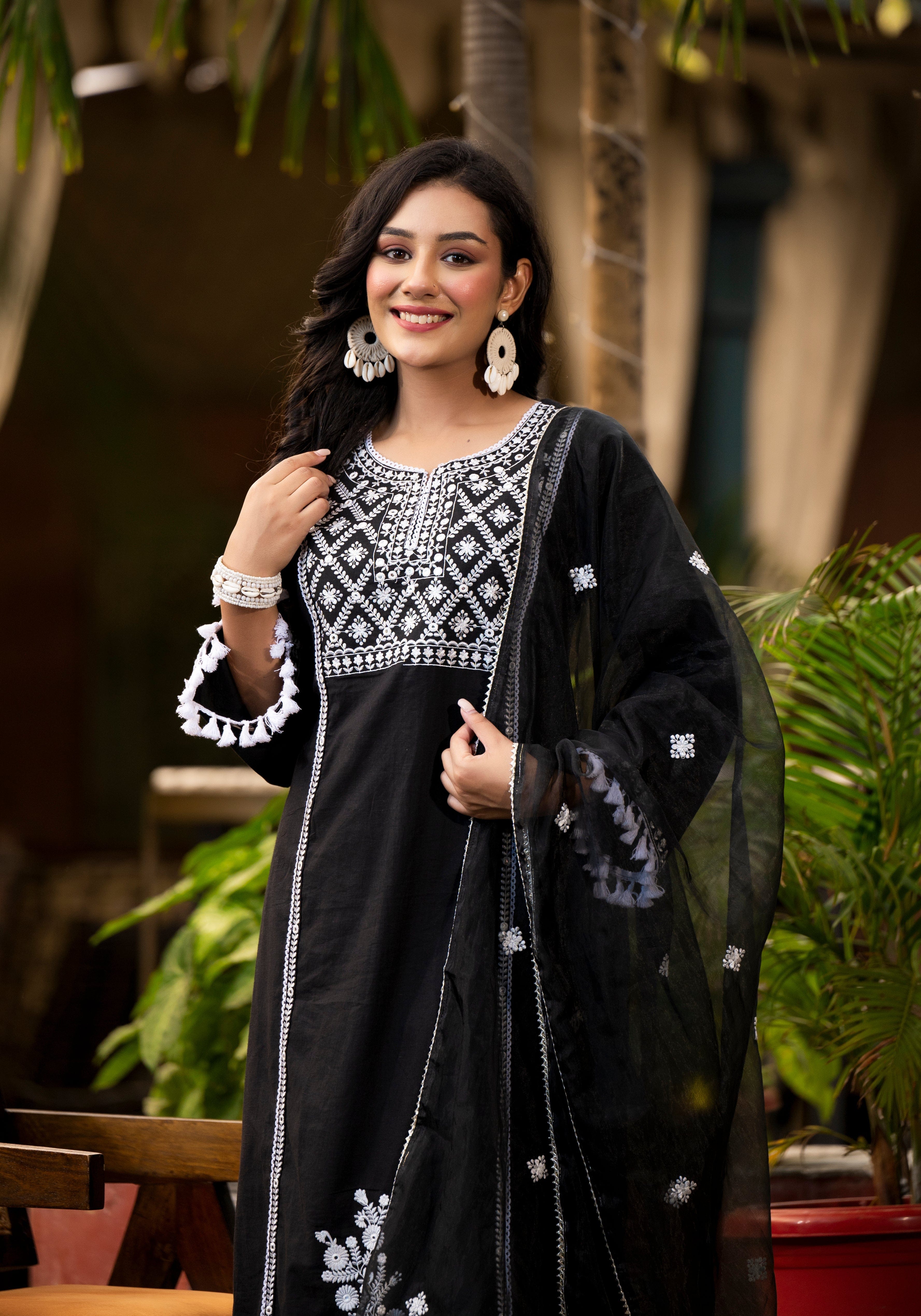 Varanga Ethnic Motif Thread Embroidered A-Line KurtaTassel Detailing With Afghani Bottom & Dupatta