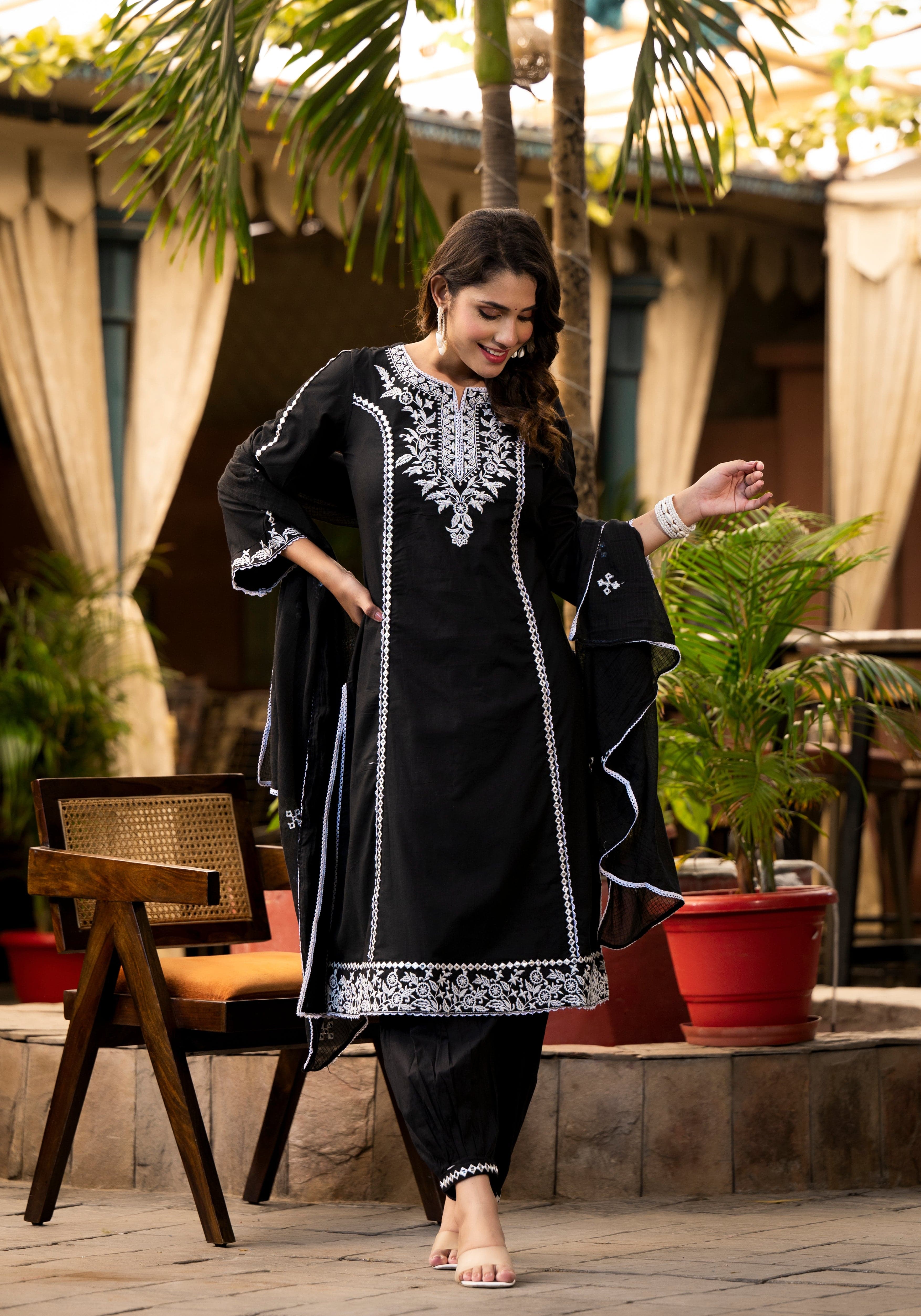 Varanga Ethnic Motif Thread Embroidered A-Line Kurta With Afghani Bottom & Dupatta