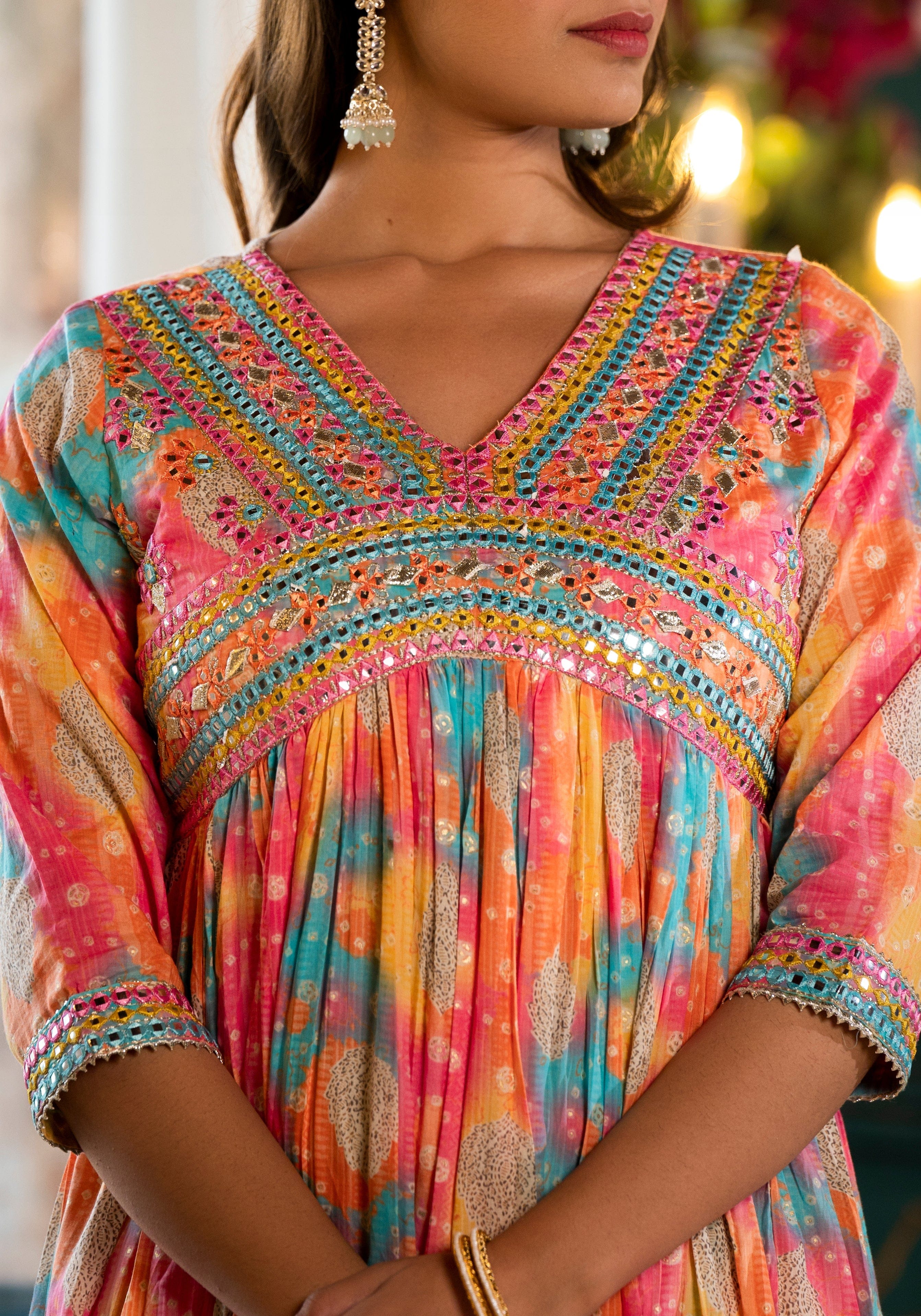 Varanga Multi Coloured Bandhani Printed Mirror Work Anarkali Kurta With Bottom And Dupatta