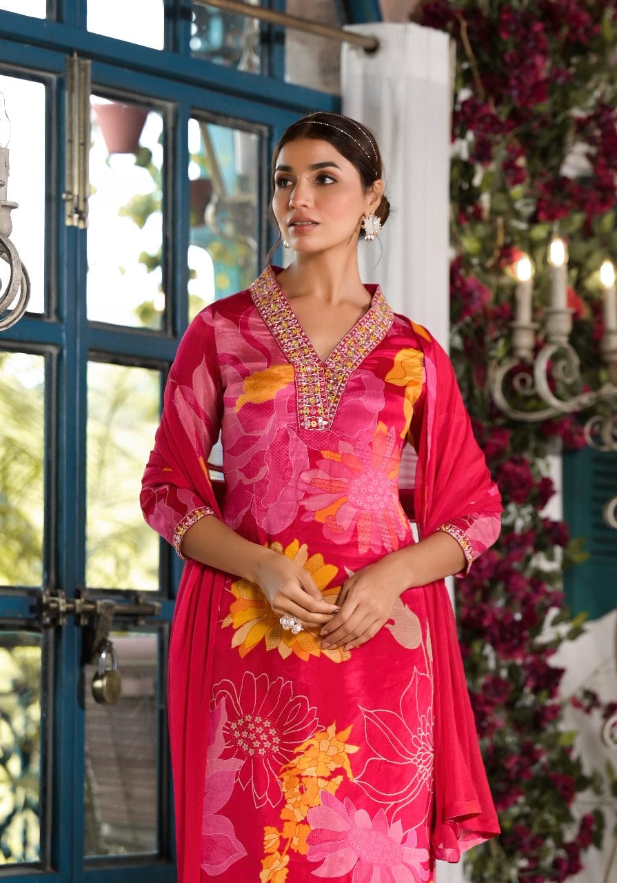 Varanga Red & Yellow V-Neck Mirror Embellished Straight Kurta With Bottom & Chiffon Dupatta