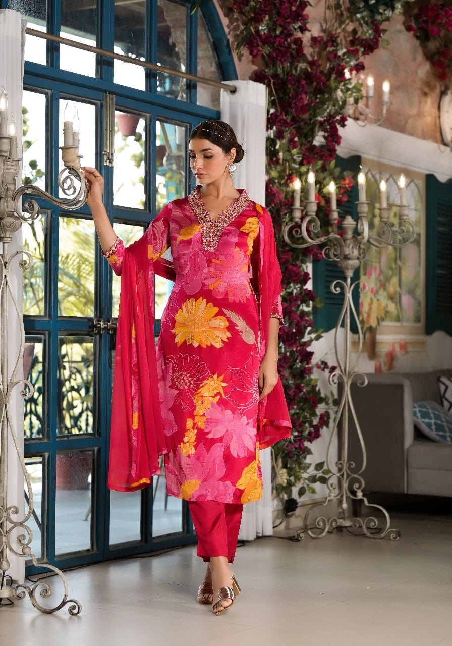 Varanga Red & Yellow V-Neck Mirror Embellished Straight Kurta With Bottom & Chiffon Dupatta