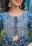Varanga Blue Mirror Work Yoke Embroidered A-Line Kurta With Afghan Bottom And With Dupatta
