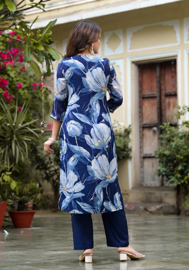 Varanga Blue Floral Printed Sequin And Pearl Embroidered Straight Kurta With Bottom And Dupatta