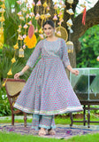 Varanga Blue Ethnic Motif Printed Gotta Patti Embroidered Anarkali Kurta With Palazzo And Dupatta