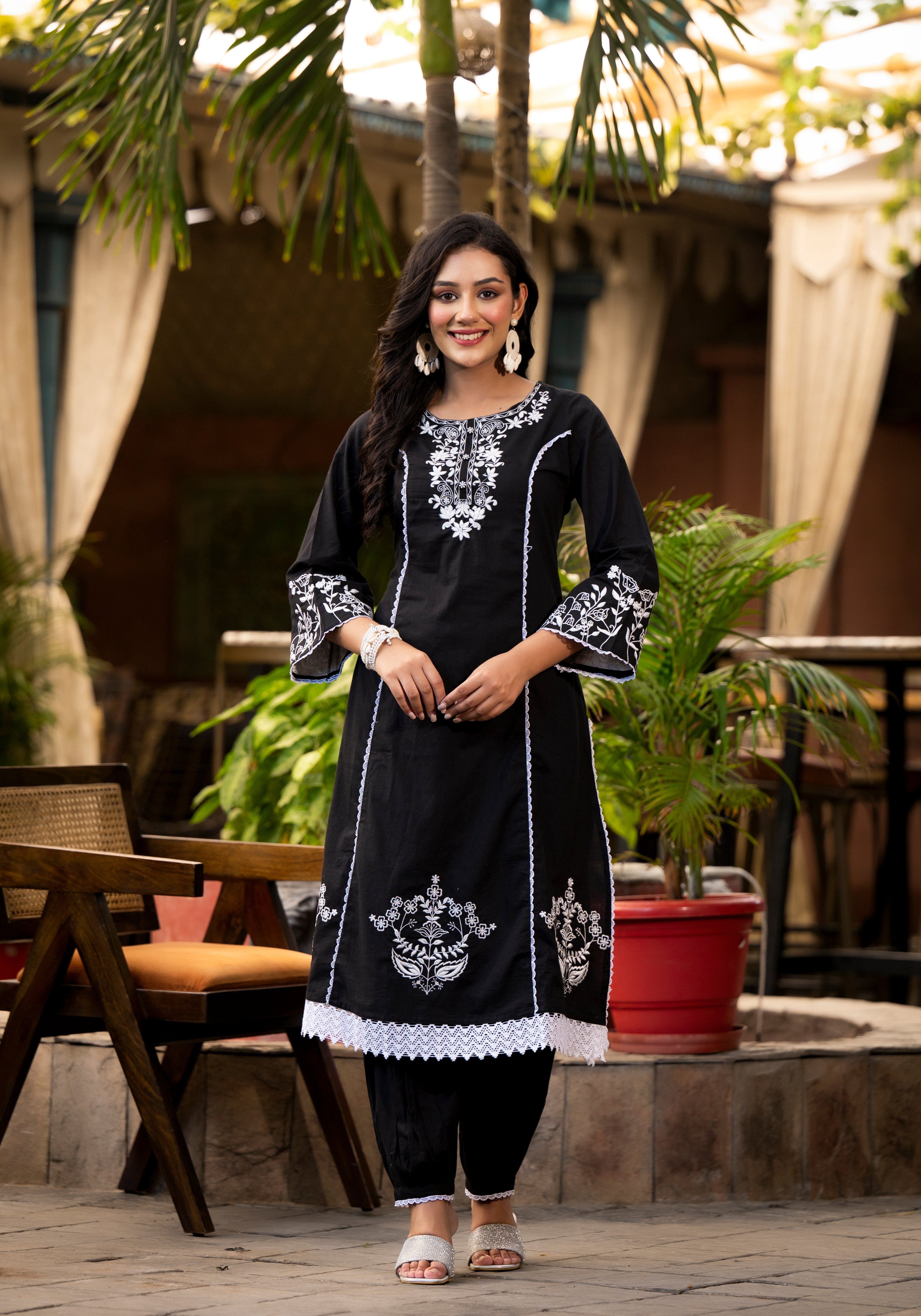 Varanga Ethnic Motif Thread Embroidered A-Line Kurta Lace Detailing With Afghani Bottom & Dupatta