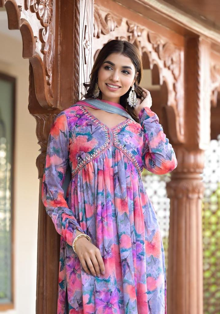 Varanga Multi Color Floral Printed Mirror Embroidered Alia-Cut A-Line Kurta Set With Chiffon Dupatta