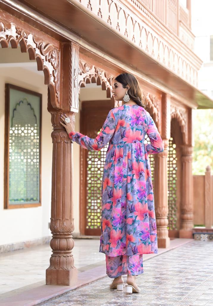 Varanga Multi Color Floral Printed Mirror Embroidered Alia-Cut A-Line Kurta Set With Chiffon Dupatta
