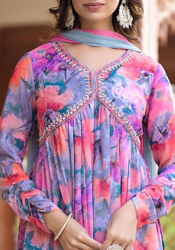 Varanga Multi Color Floral Printed Mirror Embroidered Alia-Cut A-Line Kurta Set With Chiffon Dupatta