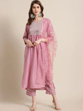 Varanga Pink & Silver-Toned Yoke Design Kurta with Palazzos & Dupatta