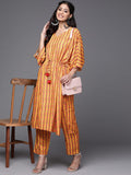 Varanga Women Mustard Yellow & Pink Ethnic Motifs Printed Pure Cotton Kurta with Trousers