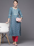 Blue Floral Printed Lace Embellished Kurta With 3/4Th Sleeves